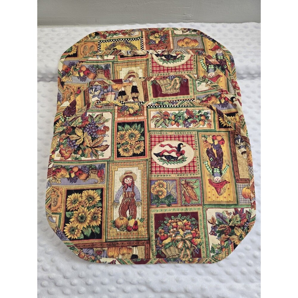Vintage Quilted Placemats Set Thanksgiving Harvest Patchwork Scarecrow Pumpkins